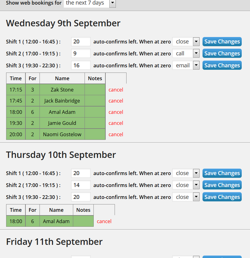 Restaurant bookings